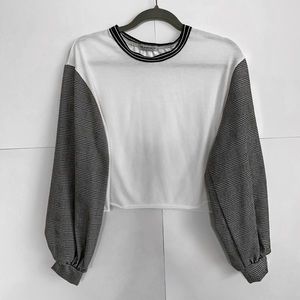 Black & White crop with Houndstooth plaid sleeves